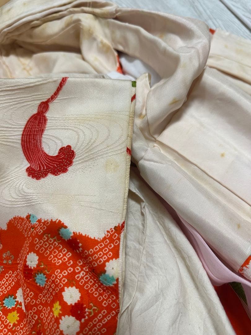 七五三 3歳 着物 被布 オレンジ 白