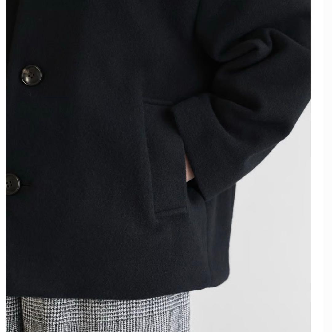 HUIS×尾州　縮絨ウールフランネルノーカラーショートコート（ブラック）