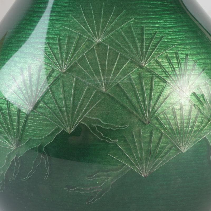 七宝焼　緑釉　松文　花瓶　共箱　V　9827