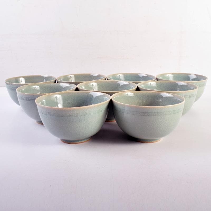 茶道具　石山窯　梁金錫作　高麗青磁　茶碗　九客　共箱　M　R8811B