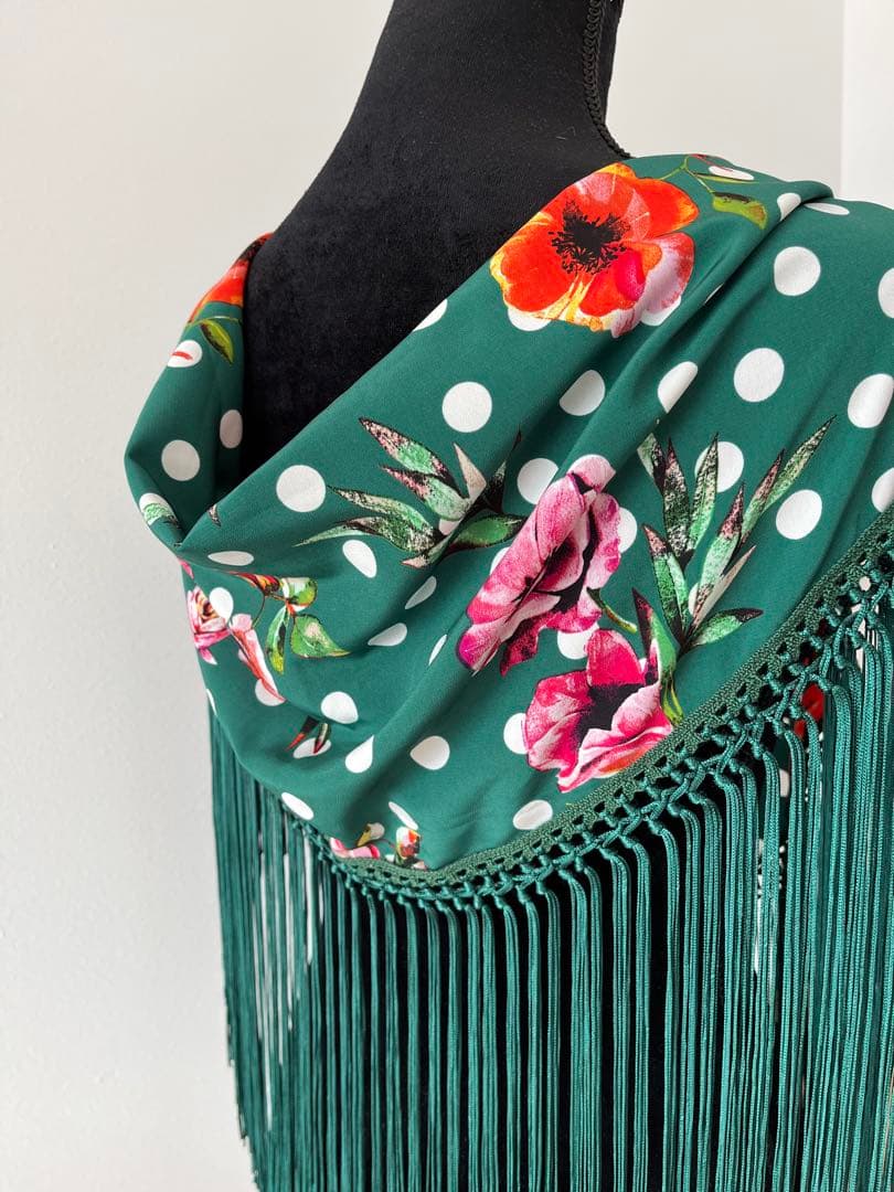 フラメンコ　マントンシージョ　グリーンx花柄水玉　グリーンフレコ