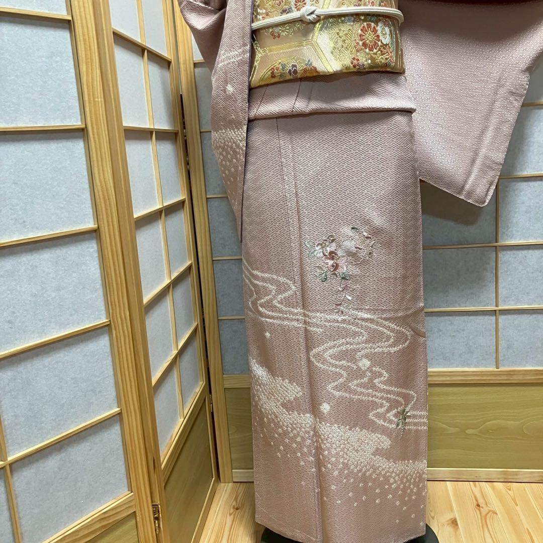 ごうすけぷ様［7160］訪問着 美品 花流水文様 絞り 刺繍幅広サイズ正絹着物袷