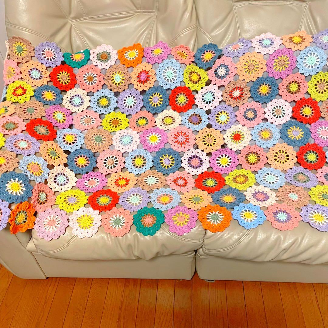 【大判75cm×140cm】春色お花のモチーフ編み♡マルチカバー♡ブランケット
