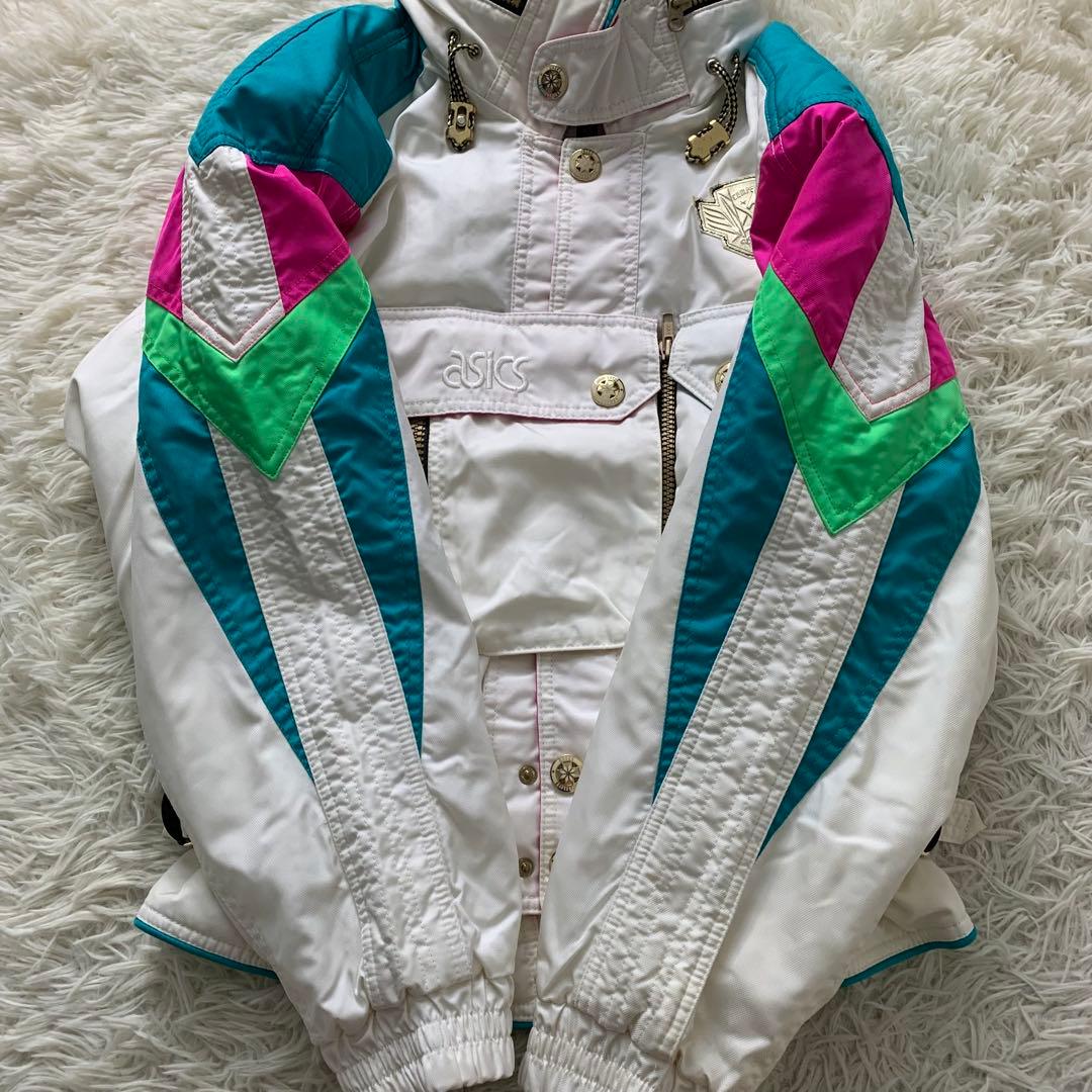 美品■アシックス レトロ　スキーウェア ホワイト マルチカラー M