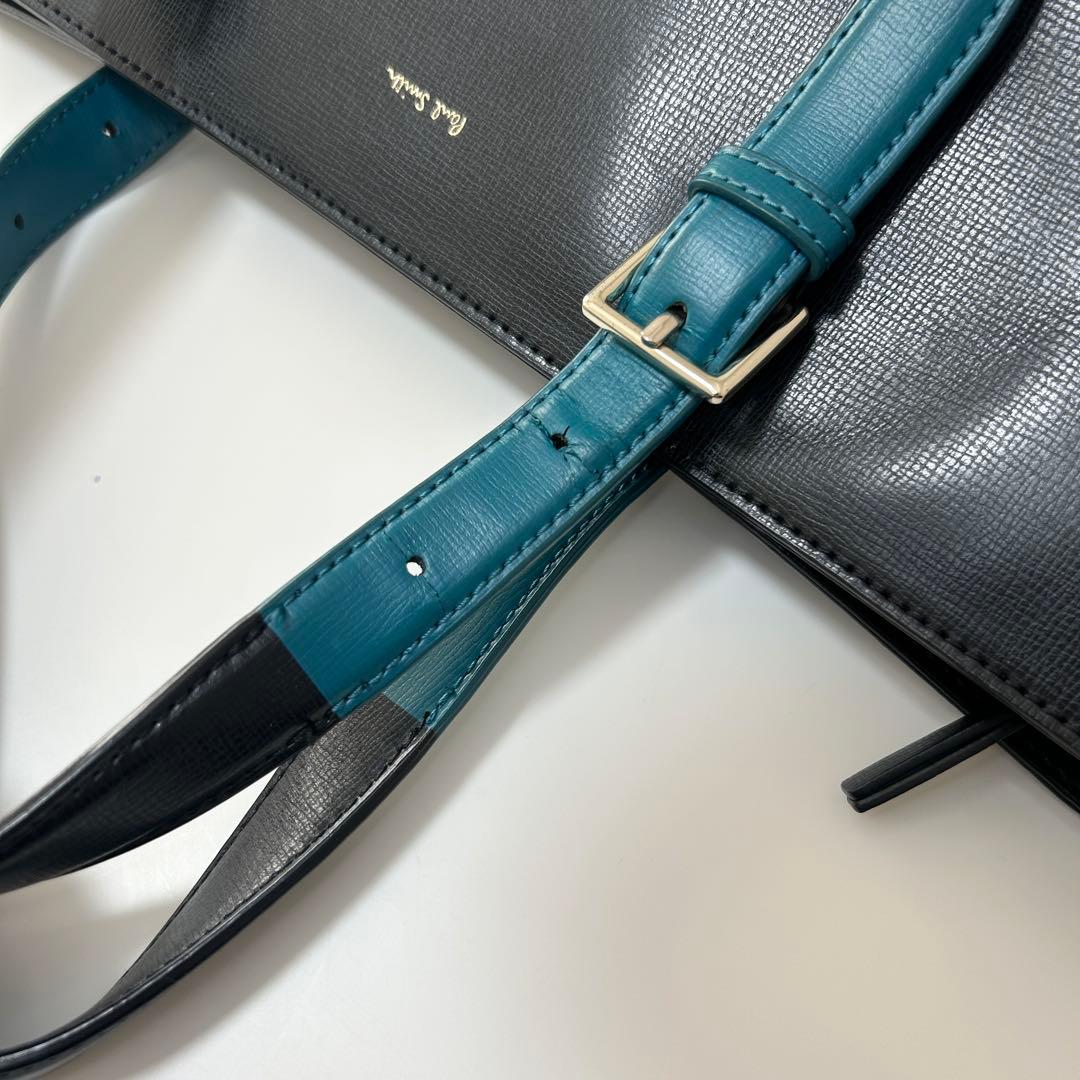 ポールスミス トートバッグ 黒×ターコイズ 本革 ビジネスバッグ A4収納可