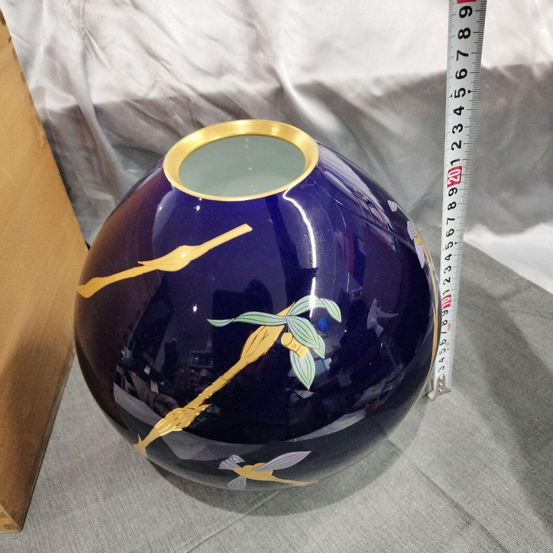 香蘭社　濃紺の竹模様花瓶 磁器製 木箱付き