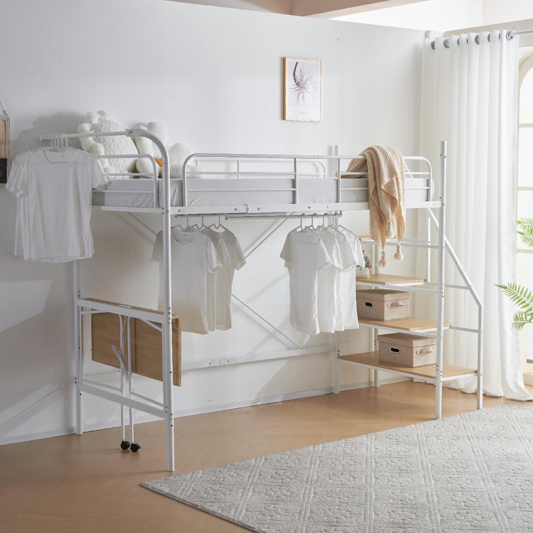 ロフトベッド（S） デスク付き　コンセント付x収納付き 耐荷重150　WHITE