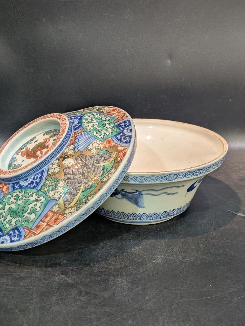 江戸時代 古伊万里 金襴手 歌仙図 大蓋物美品 鳳凰 大平鉢 食籠 金彩 献上手