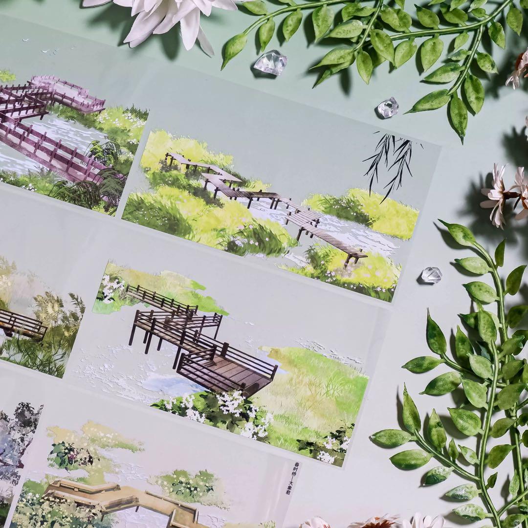 【8881】海外　マステ　5m巻　PETマスキングテープ　橋　池　春景色背景系