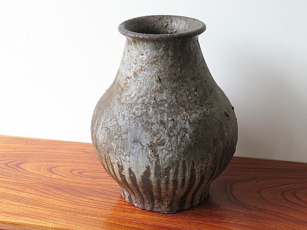 【値下】青娥窯　松元洋一作⑦　『自然釉花入』　穴窯焼成