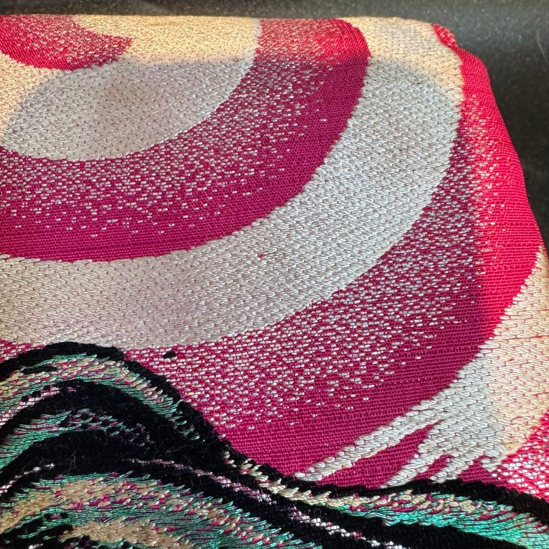 よ*る様 金魚柄 名古屋帯 ピンク　アンティーク　短尺　レトロホラー風　刺繍帯