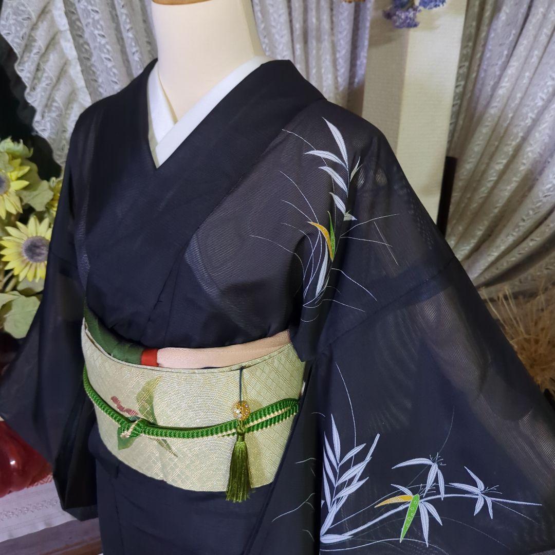 黒の地に清々しく描かれます笹竹が粋な絵模様を見せる洗える絽のお着物です