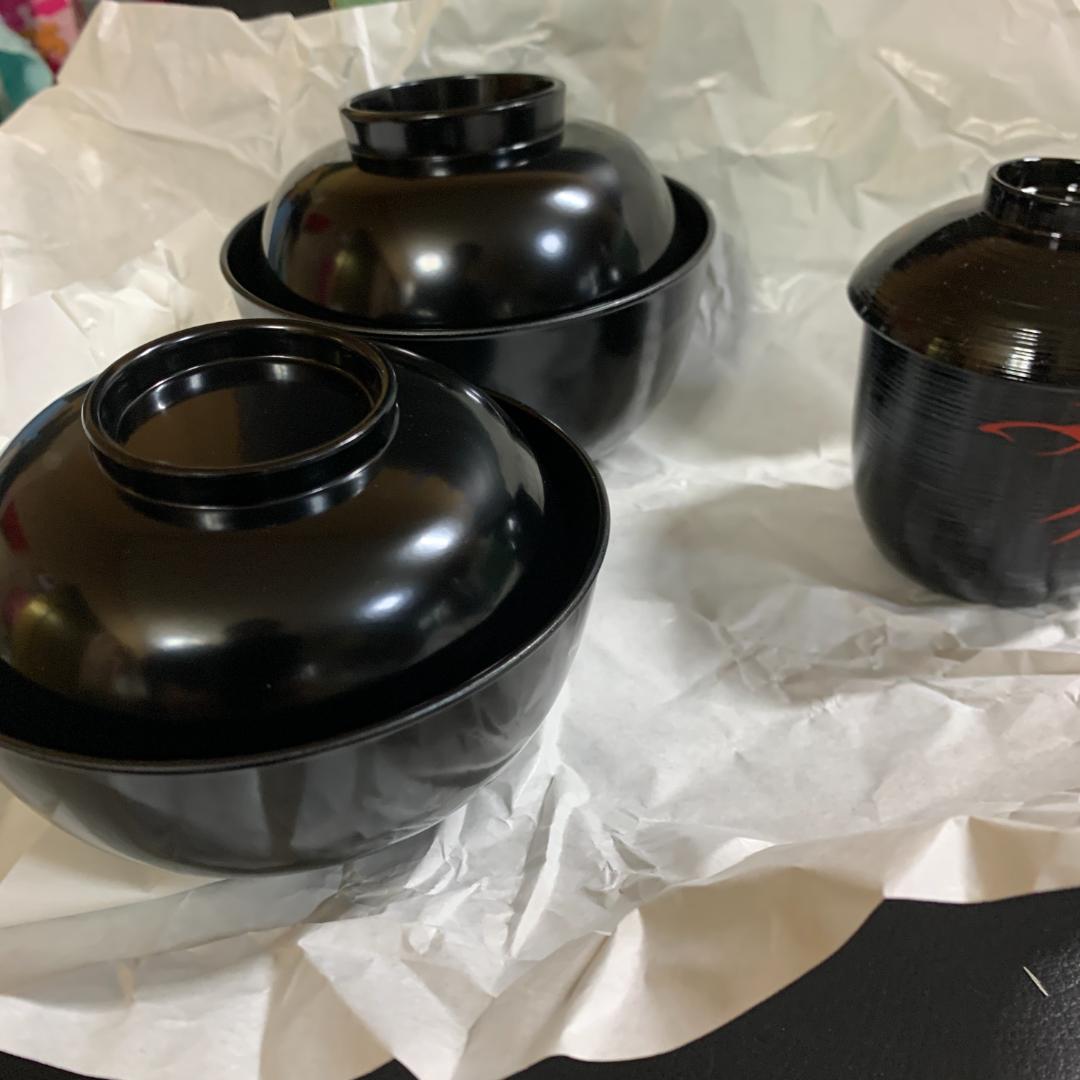 未使用　黒刷毛目松葉　懐石揃10客(懐石膳/椀/盃/杓子/盆/他)