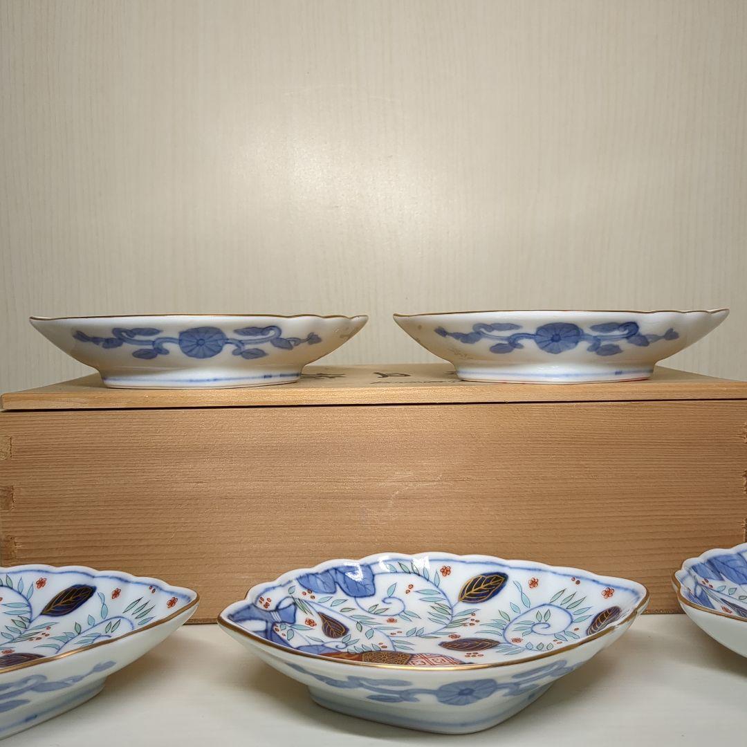 賞美堂　其泉窯　鮑型　金彩色絵菊花唐草紋　和皿揃　小皿揃　銘々皿５枚