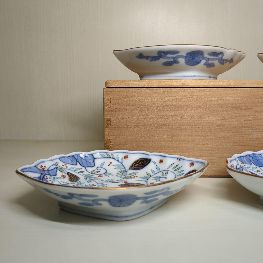 賞美堂　其泉窯　鮑型　金彩色絵菊花唐草紋　和皿揃　小皿揃　銘々皿５枚