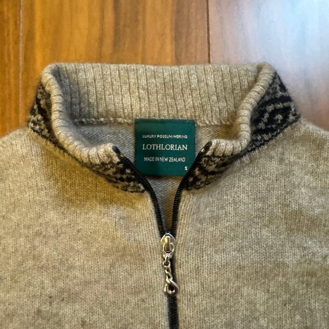 希少 NZ製 ロスロリアン ポッサムメリノウール ニットジャケット S 幾何学柄