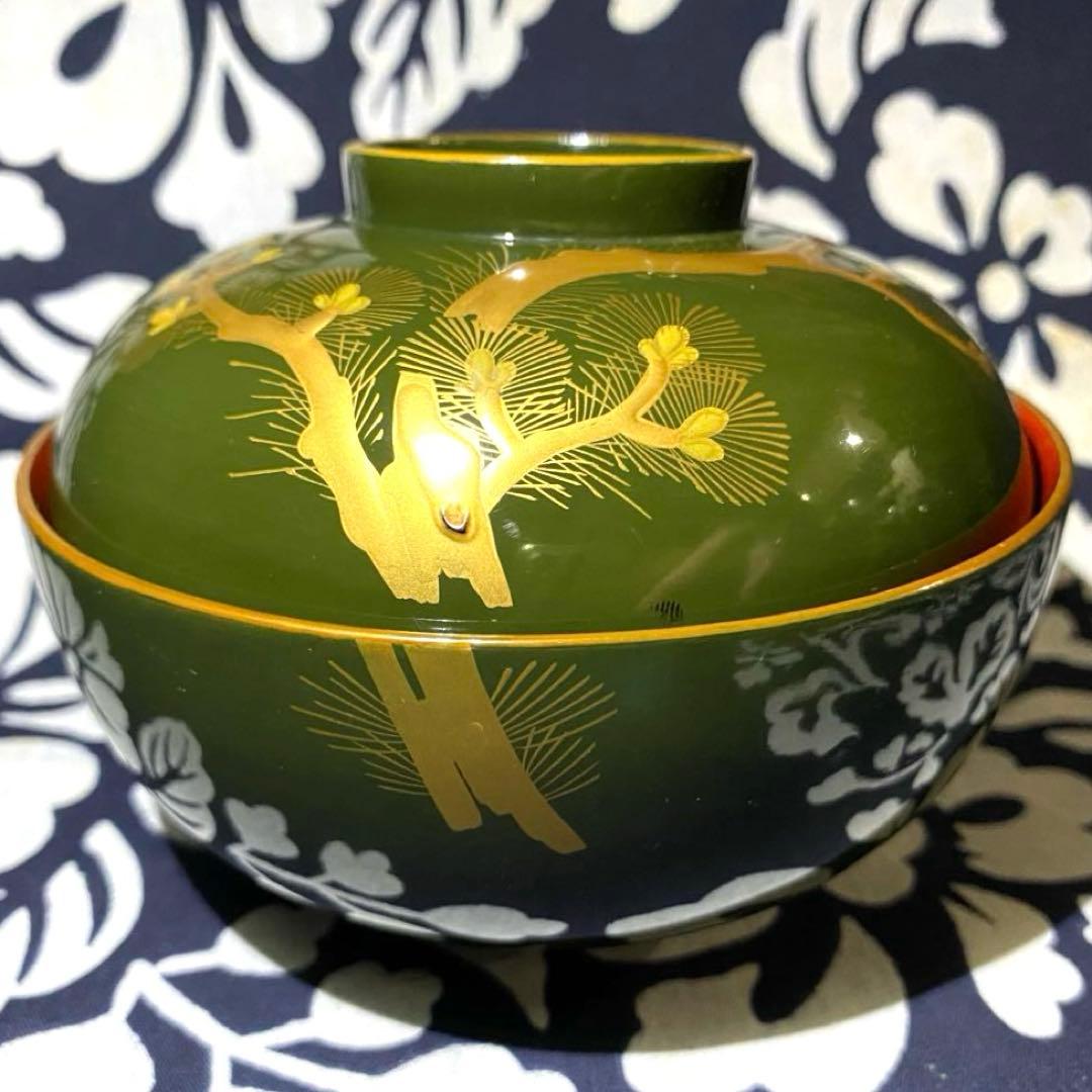 時代物骨董　大正以前　青漆吸物椀　天然木本漆　松柄金蒔絵　緑に内朱　懐石椀　五客