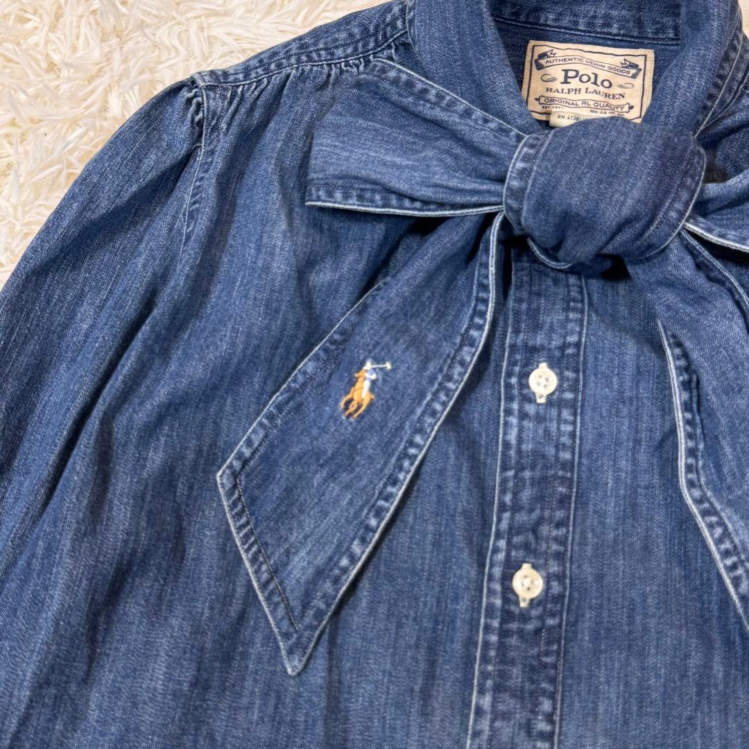 す*れ様 ポロラルフローレンボウタイ　ブラウス　ポニー刺繍　リボン　デニム　S