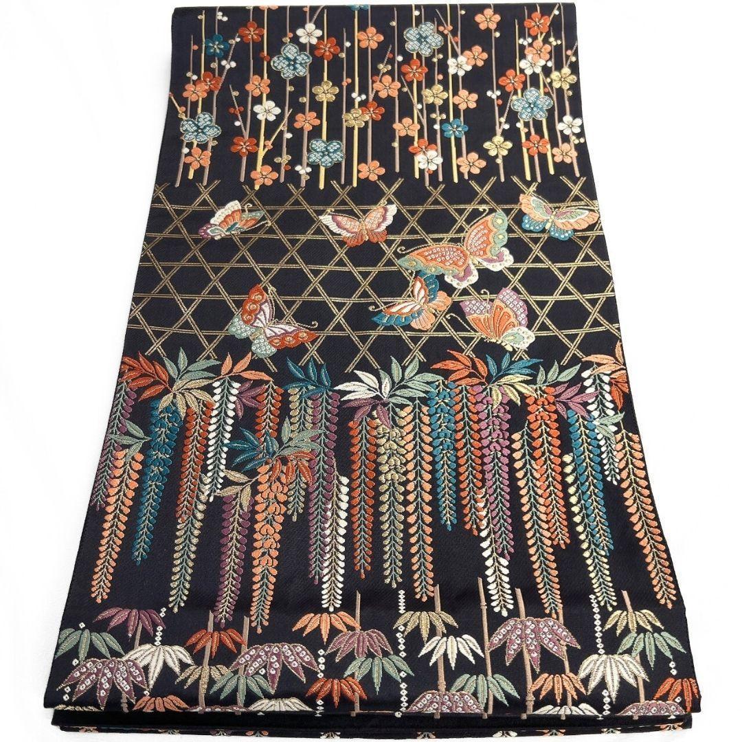 袋帯　能衣彩花段紋　藤の花　笹　蝶模様　籠目　金糸　着物　114b p ms