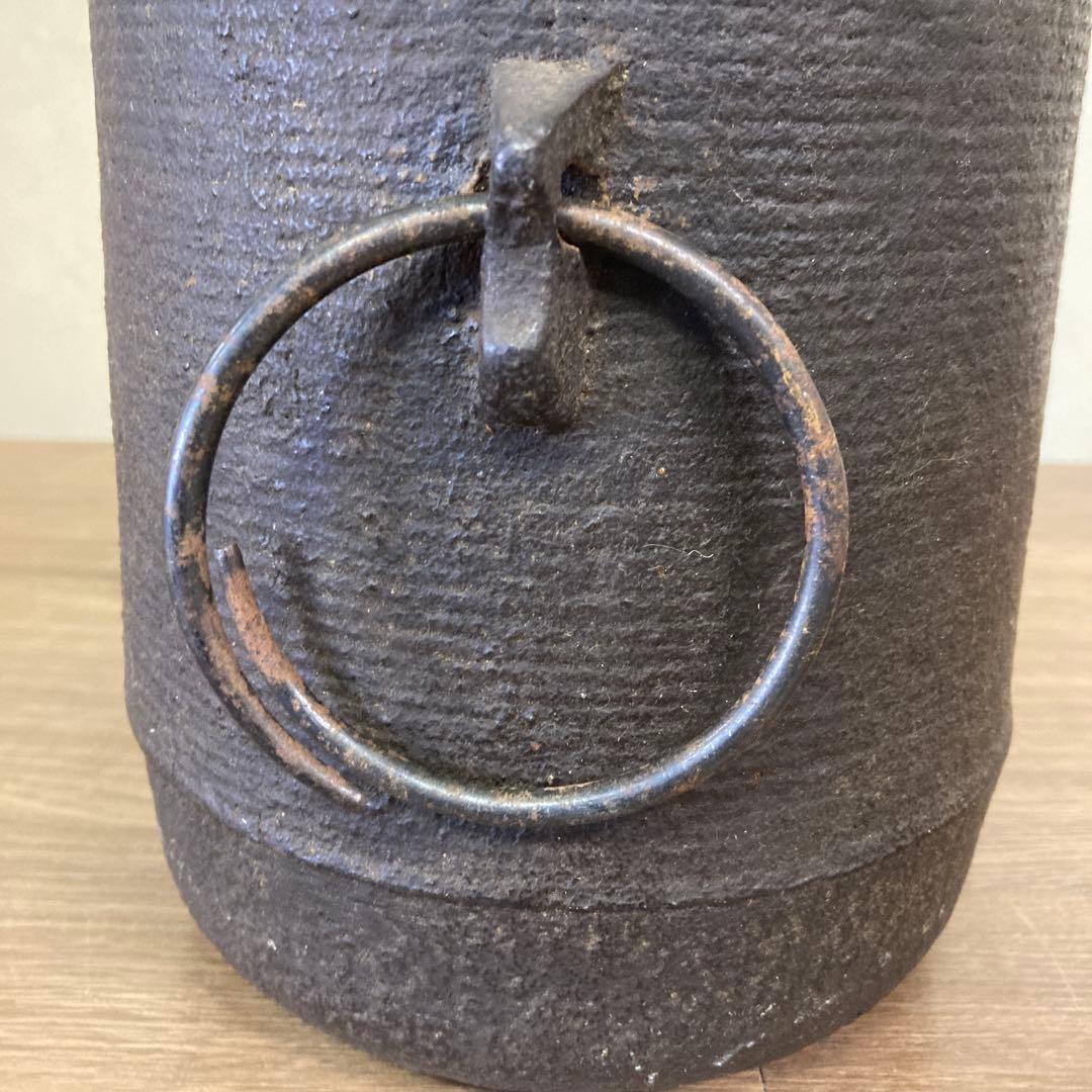E-1 【希少】茶道具 茶釜 鉄釜 志きの釜 桐肌風 吊り手・蓋付き アンティー