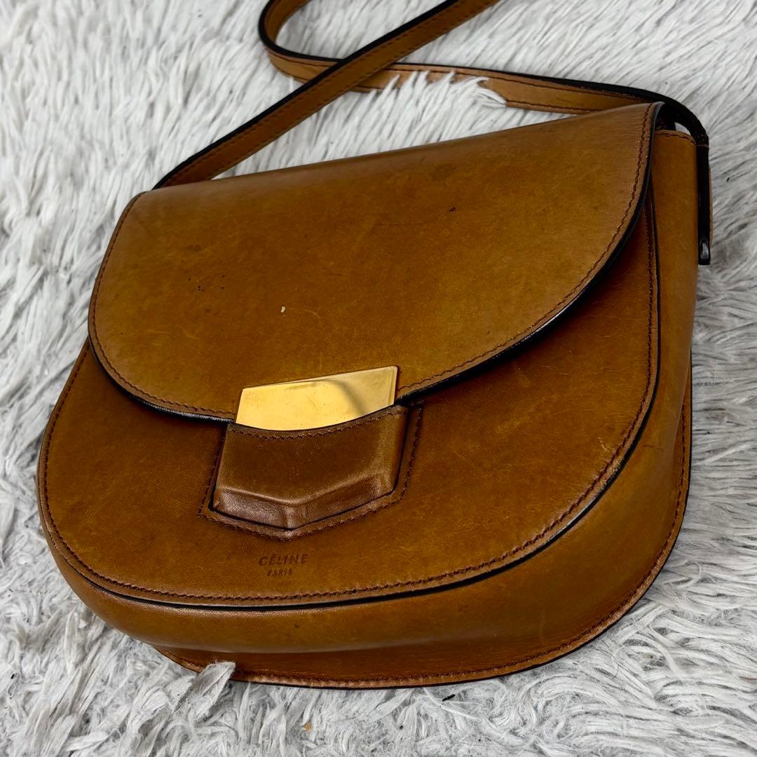 美品 CELINE レザー ショルダーバッグ マカダム柄 斜め掛け ブラウン 茶