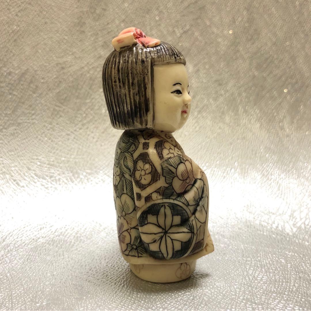 時代根付　刻印有　置物　おかっぱの女の子　縁起物　アンティーク　天然素材