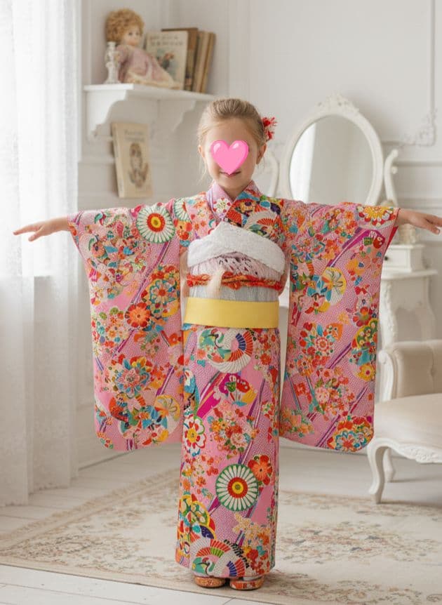 アンティークピンクの着物とキラキラ作り帯セット