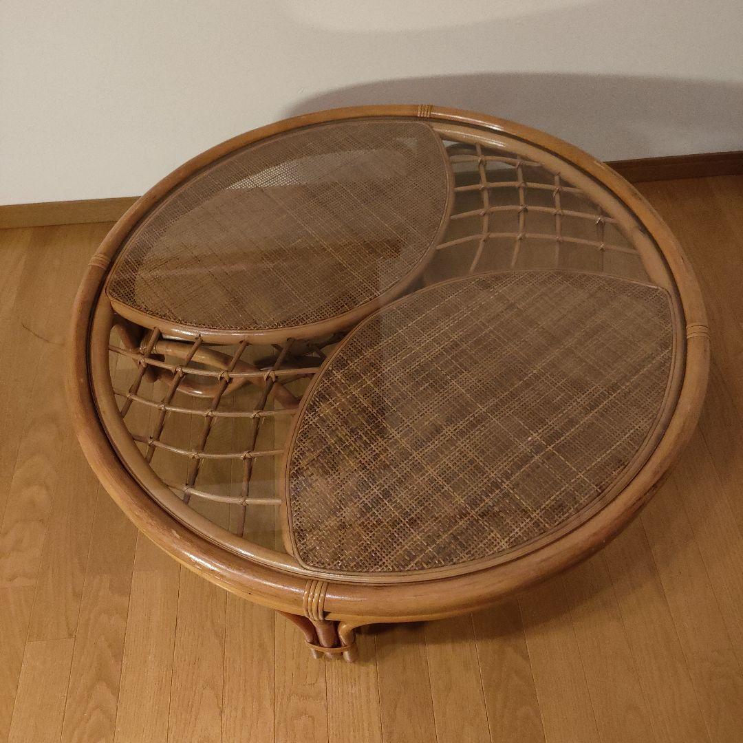 ラタン 藤 ガラス天板 丸テーブル 座卓 レトロ モダン 直径約90cm