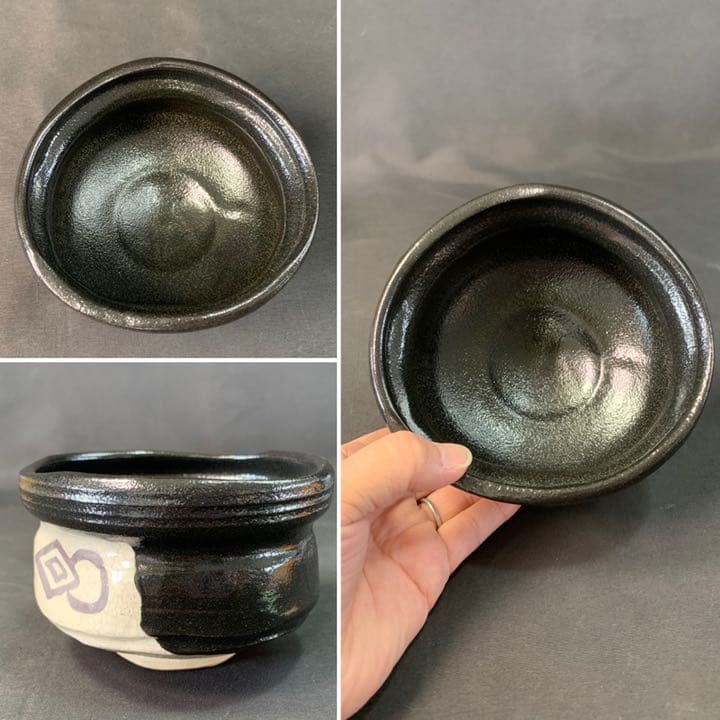 D851 送料無料　織部茶碗　黒織部　茶碗　花押　在銘　茶道具　茶室　茶道　共箱