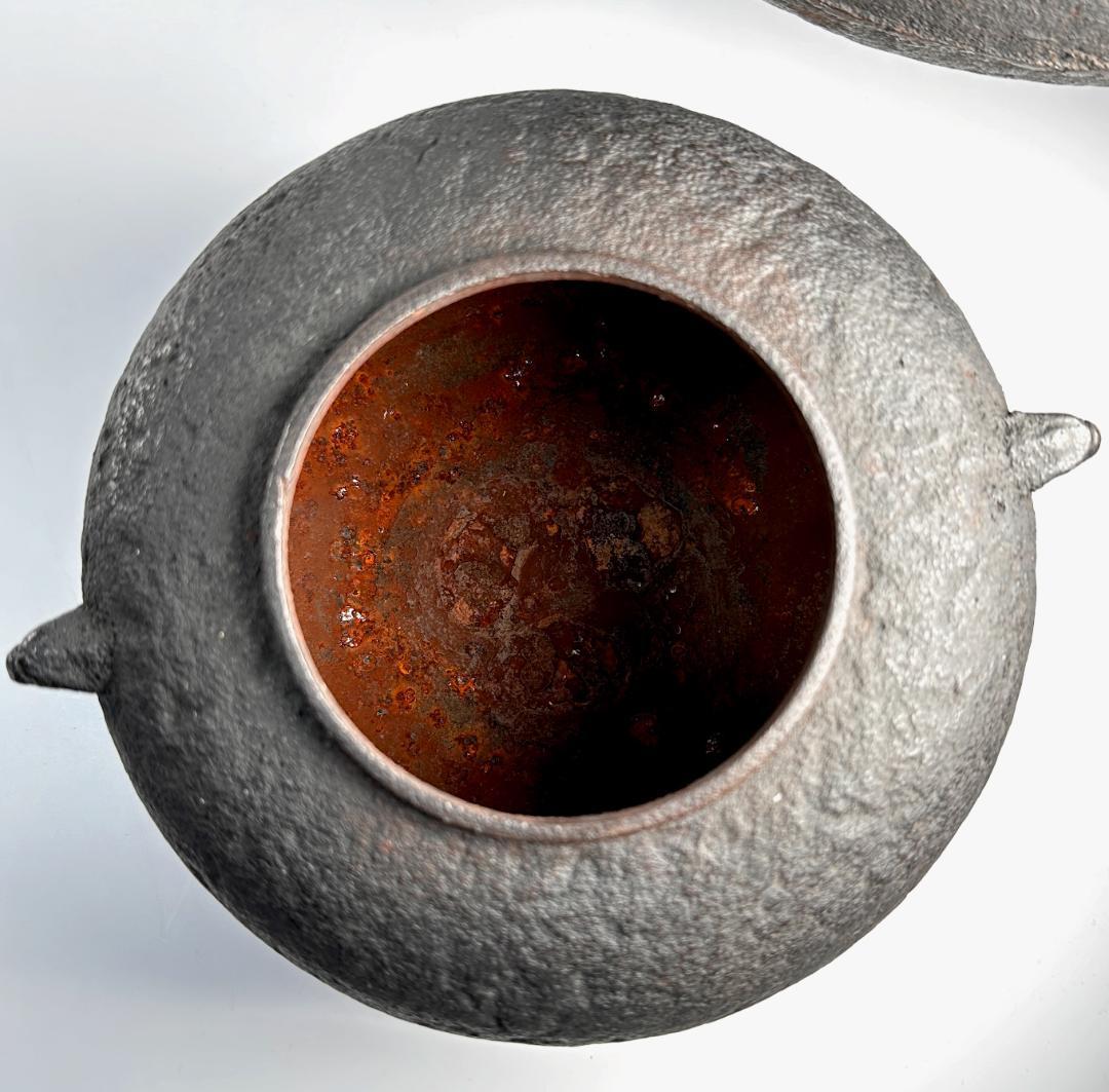 昭和ビンテージ　鉄鬼面風炉・茶釜　唐銅蓋　茶道具