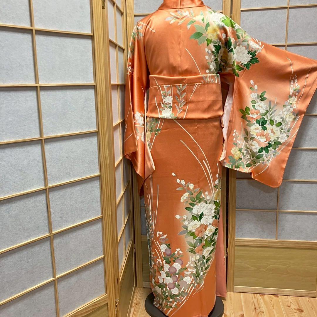 ［4349］訪問着 草花文様 駒刺繍 ぼかし 銀彩 正絹 着物 袷