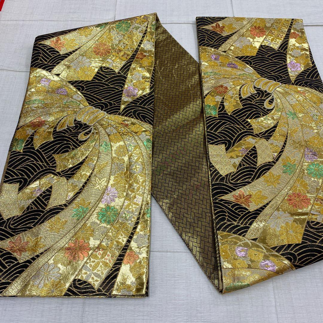 7130袋帯 正絹 六通 振袖　成人式　結婚式　束ね熨斗　七宝柄　紅葉　梅　菊