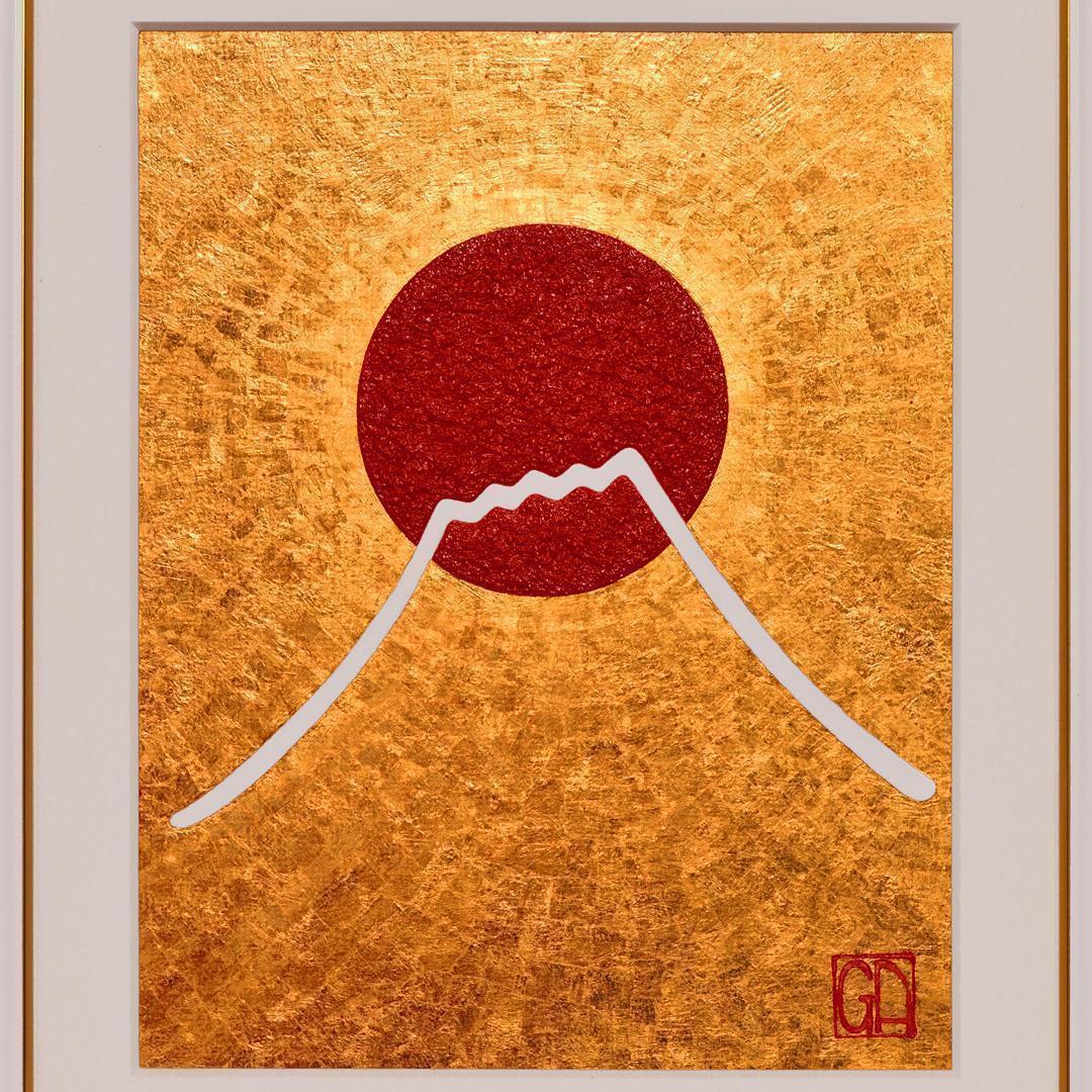 少し訳あり●『太陽と金の富士図』純金輝き▲がんどうあつし油絵画●金沢産24K金箔