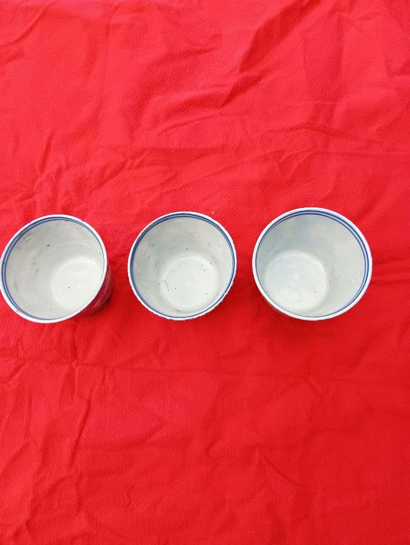 蕎麦猪口 長沼焼　3個　江戸　幕末　明治　印判　型紙刷　染め型紙　兎