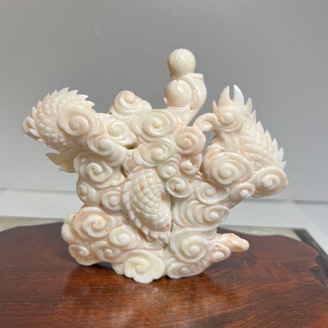 本桃色珊瑚　龍童子置物　ケース付　東Y7-1211☆2Fトヒト