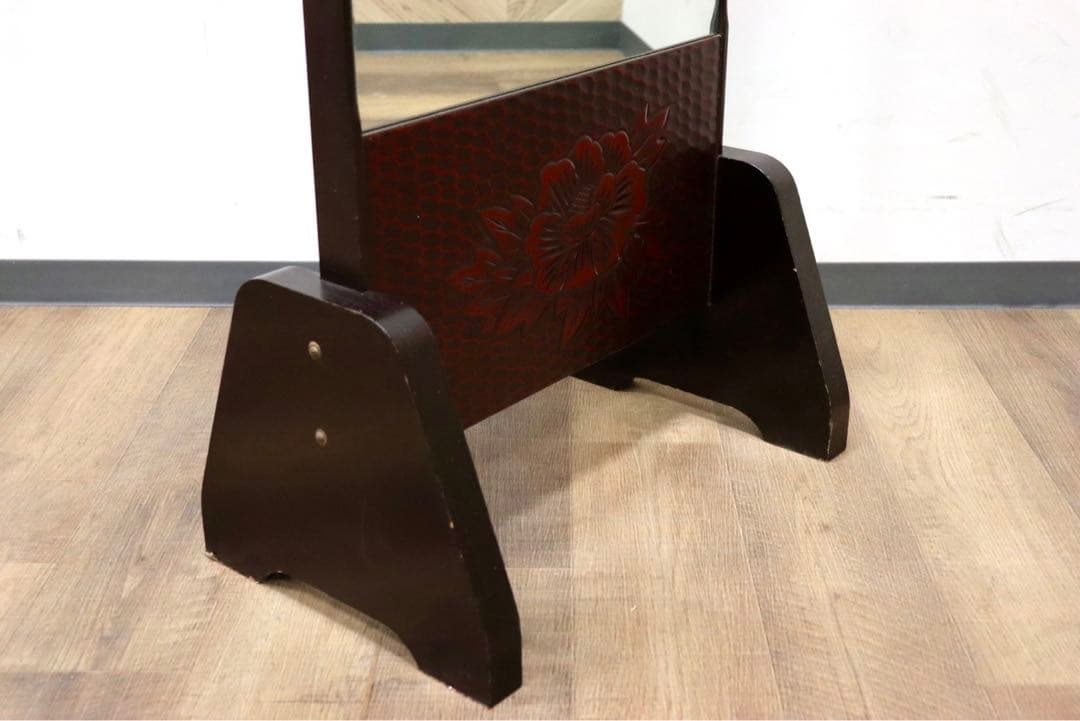 GMGF106○鎌倉彫 スタンドミラー 鏡 姿見 全身鏡 木製 彫刻 漆塗り 着