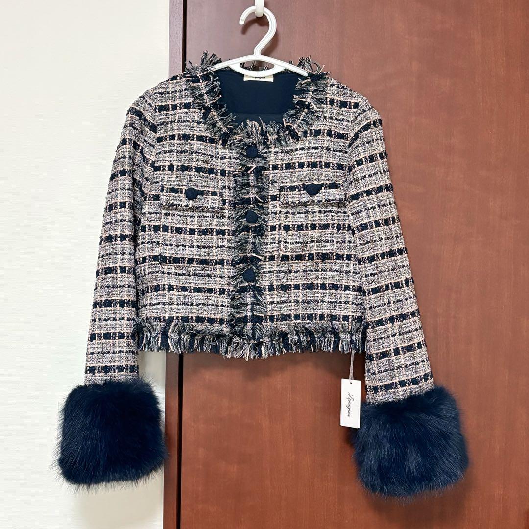 ジャケット・アウター Lumignon Navy pink tweed fur jacket