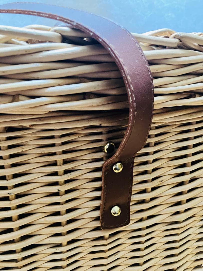 バスケット フタ付 緑中布あり　北欧 藤 ラタン ピクニック カゴ　多用途