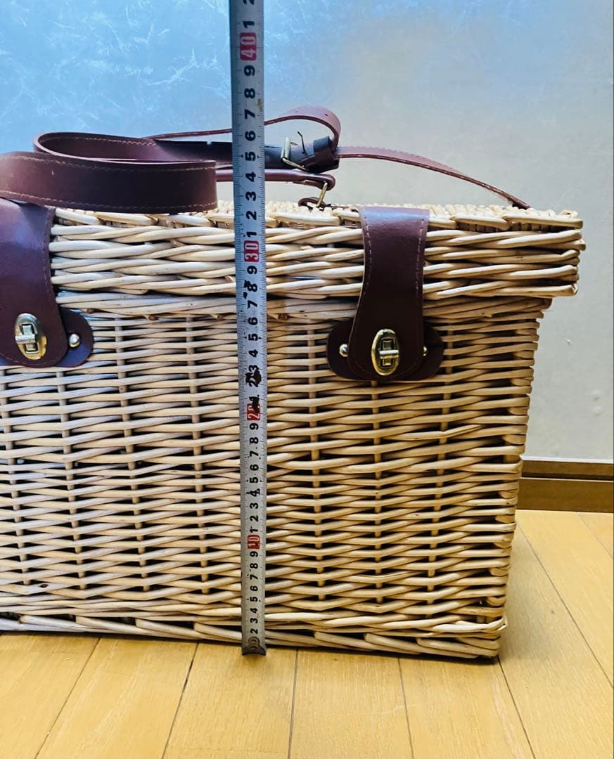 バスケット フタ付 緑中布あり　北欧 藤 ラタン ピクニック カゴ　多用途
