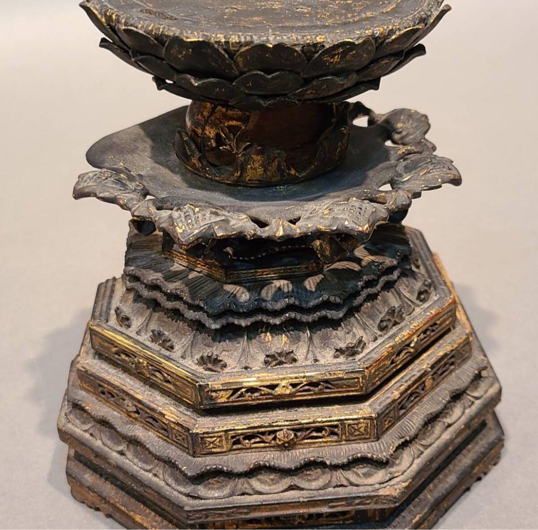コレクション品 木彫金彩色 蓮台 仏教美術 仏像台座 時代物 骨董 一点物 彫刻
