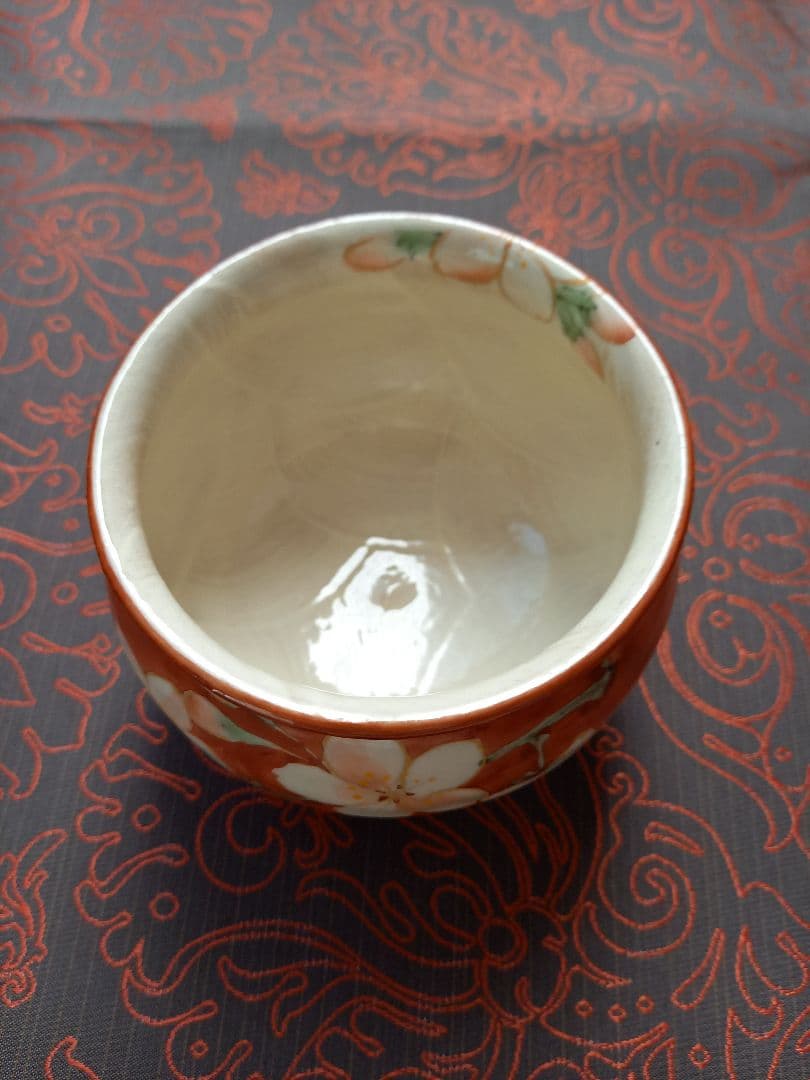 陶あん　京焼　清水焼　そり小鉢　桜柄　朱色