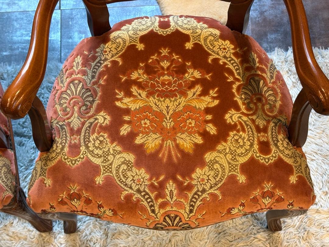 ヴィンテージ　ロココ　アームチェア　猫脚　クラシック　クラシカル　金華山織　IY