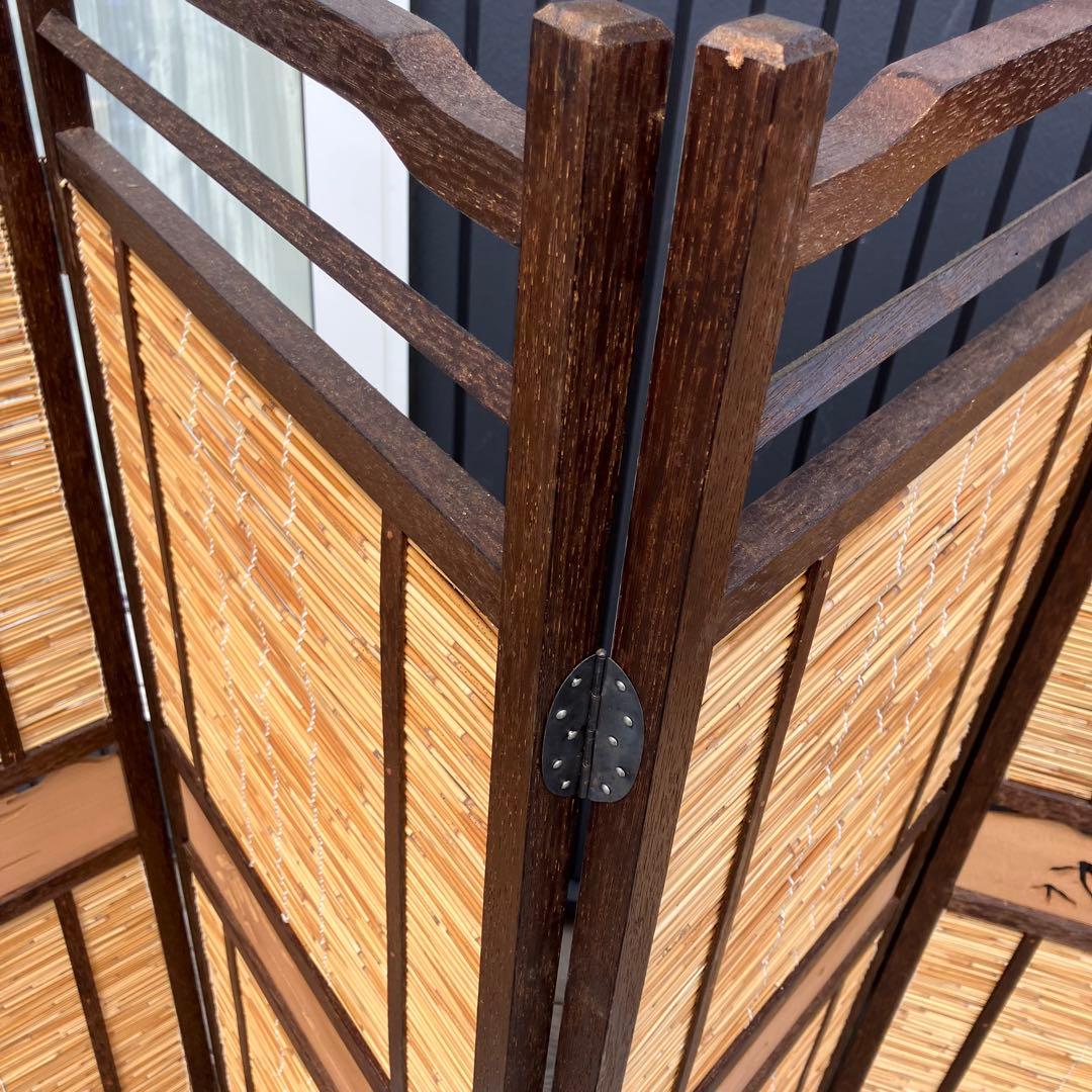 昭和レトロ 和モダン 装飾彫り 木製 4連パーテーション 間仕切り 衝立 屏風