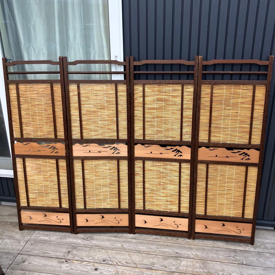 昭和レトロ 和モダン 装飾彫り 木製 4連パーテーション 間仕切り 衝立 屏風
