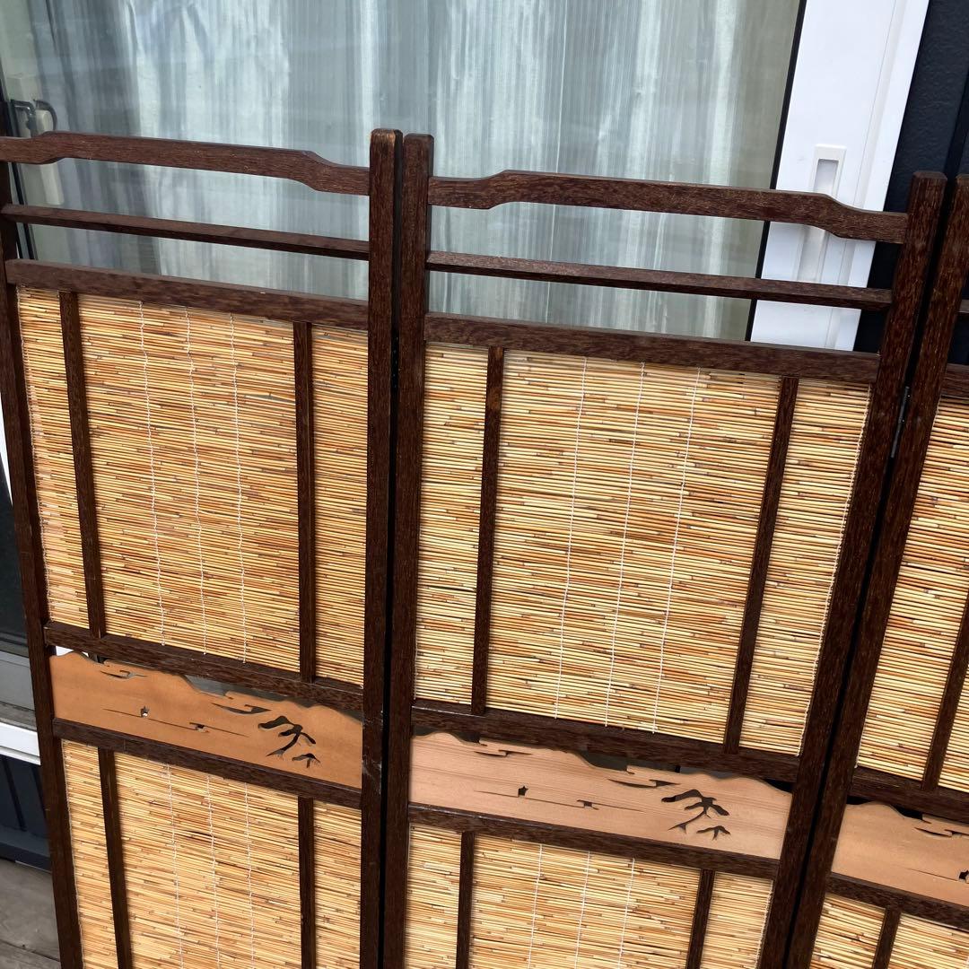 昭和レトロ 和モダン 装飾彫り 木製 4連パーテーション 間仕切り 衝立 屏風