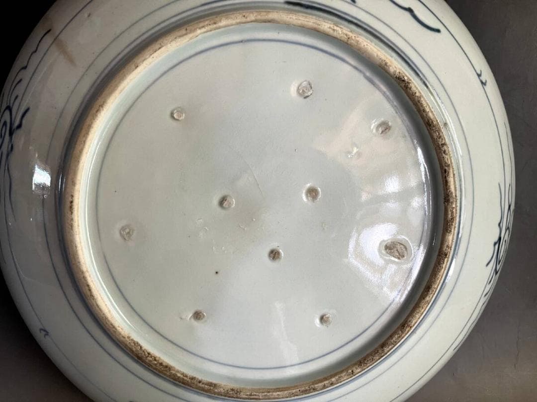 大皿■丸窓絵魚紋染付大皿 鳥 有田 古伊万里 (明治～大正期)骨董■34.8cm