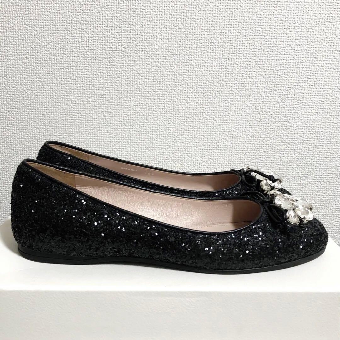 【美品】miu miu 本革クリスタルビジュー グリッターフラットパンプス