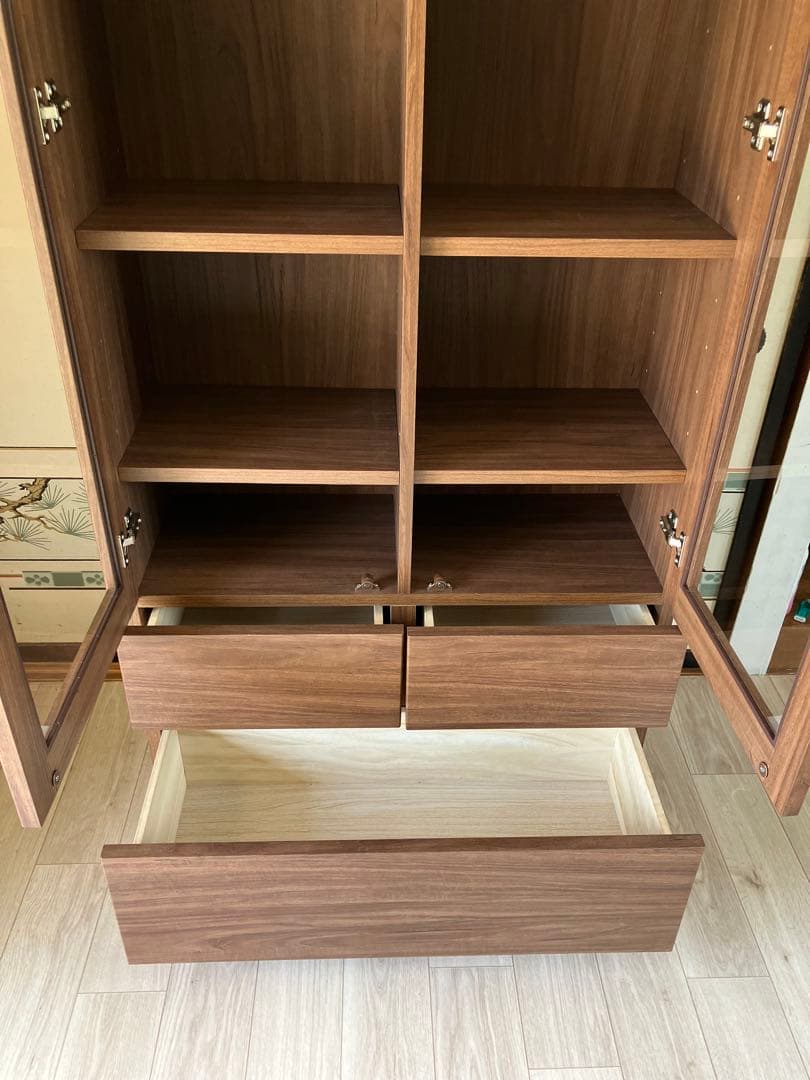 引き取り可 美品 ニトリ NITORI 扉・引出し付き書棚 ガラス扉 ブラウン