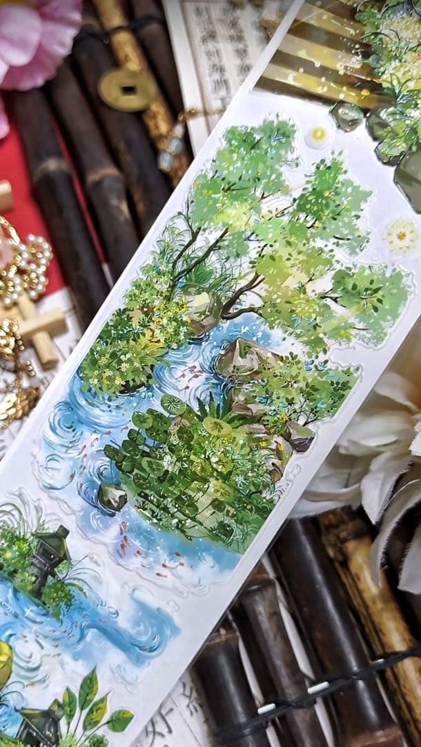 【8754】海外　マステ　5m巻売り　貝殻光カッティング　庭　竹の柵　小川