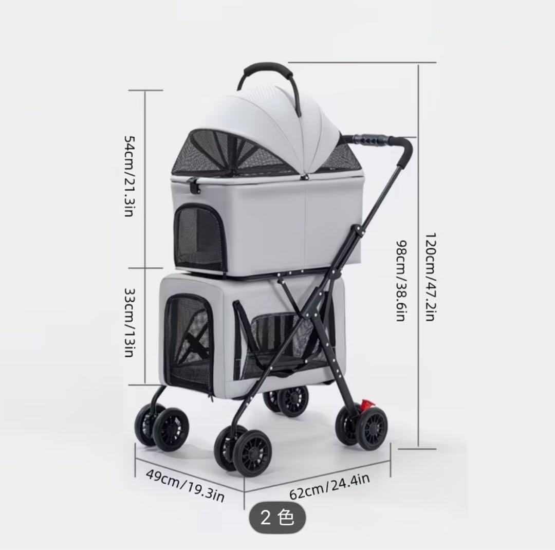 ペットカートブラック色2段式分離型多頭飼い対応軽量 折りたたみ式 犬用カート